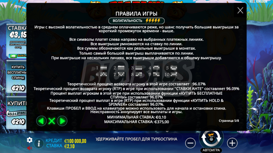 RTP и волатильность Big Bass Bonanza Hold & Spinner