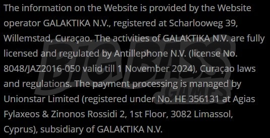 Online casino Lex belongs to GALAKTIKA N.V.