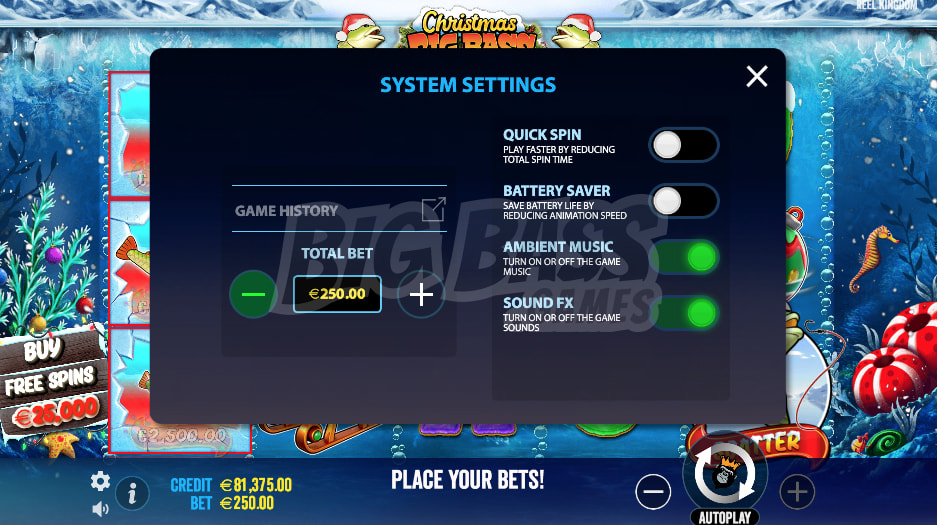 Christmas Big Bass Bonanza Game Mechanics: Settings