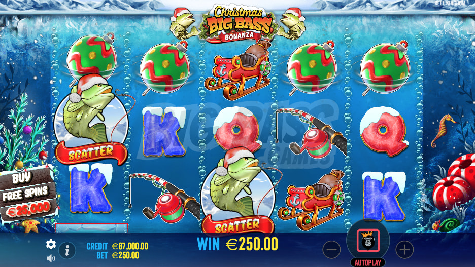 Visual design, animation, and sound effects of the Christmas Big Bass Bonanza Slot Game