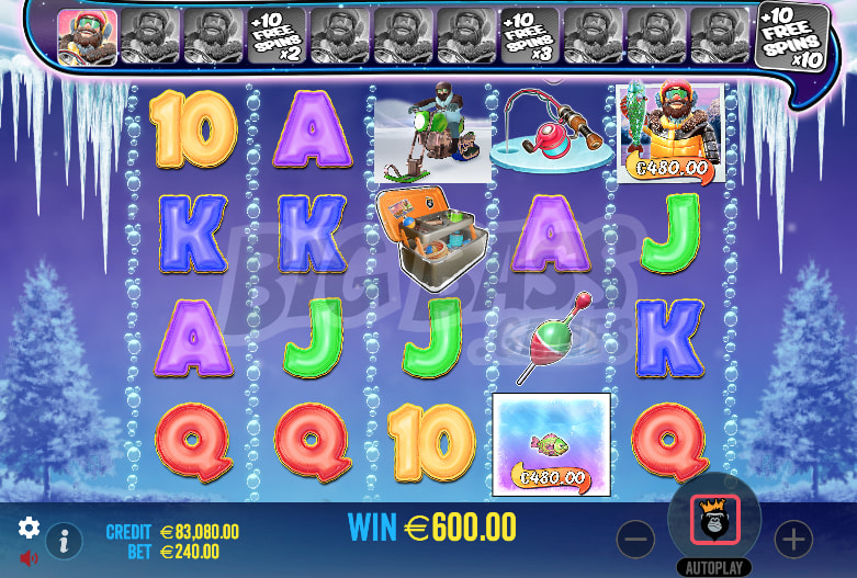 Visual design, animation, and sound effects of the online slot Bigger Bass Blizzard - Christmas Catch