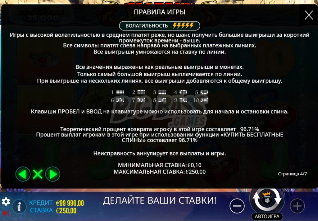 Волатильность и RTP игрового слота Big Bass Splash