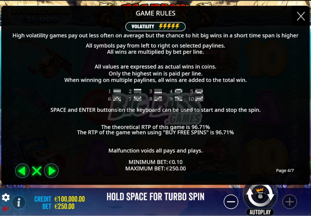 Volatility and RTP of the Big Bass Splash slot game
