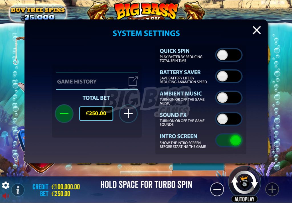 Big Bass Splash game mechanics: System Settings