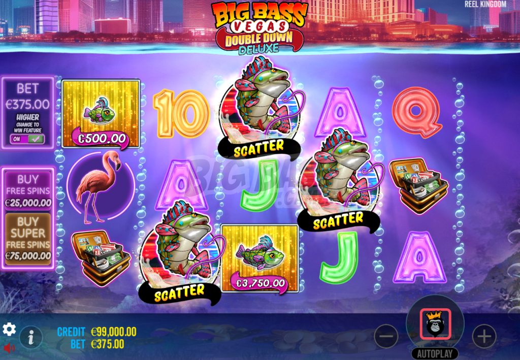 Visual design, animation, and sound effects of the Big Bass Vegas Double Down Deluxe online slot