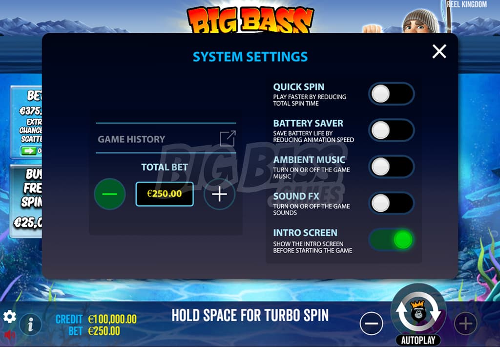Big Bass - Keeping it Reel: меню настроек игры